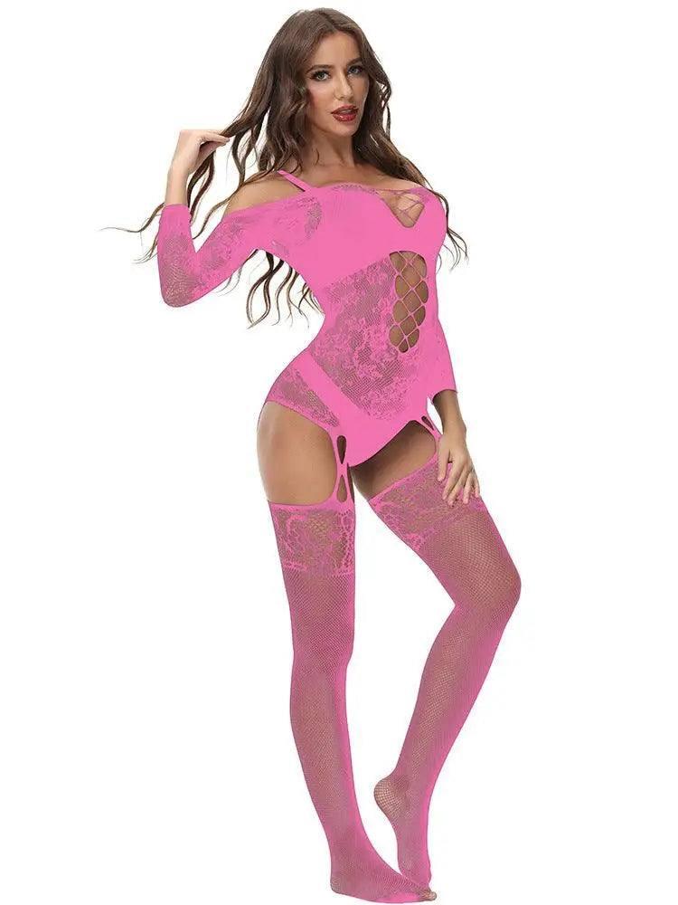 Erotic Lingerie One-piece Mesh Garter Garter Jacquard Hollow-Pink-3