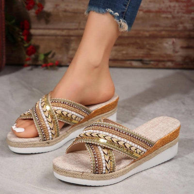 Ethnic Linen Wedge Sandals-2