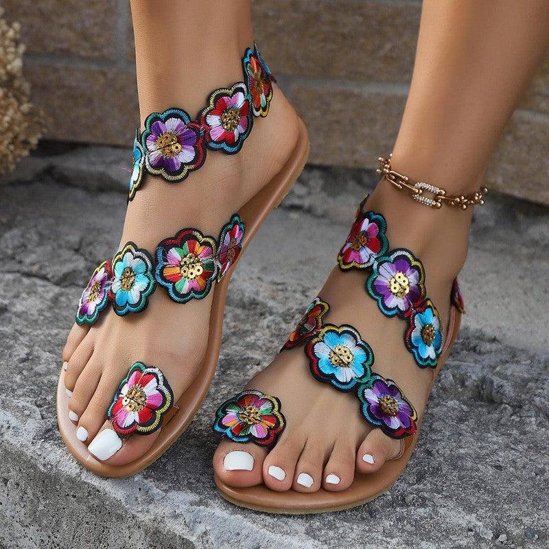 Ethnic Style Flowers Flat Sandals Summer Vacation Casual-No1-4