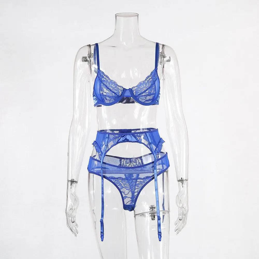 European and American sexy lingerie lace three-piece women-Blue-4