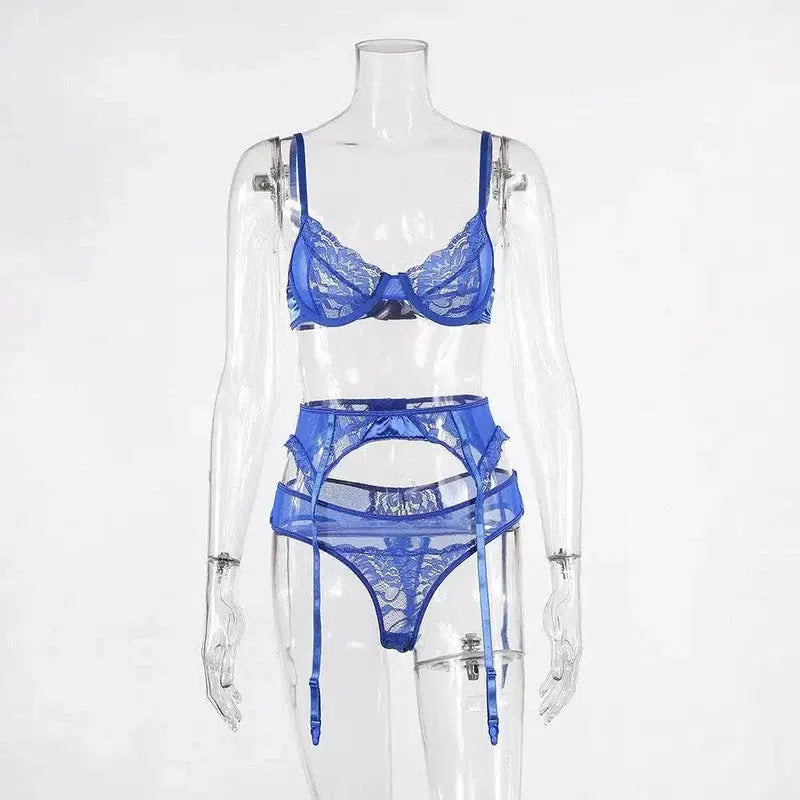 European and American sexy lingerie lace three-piece women-Blue-4