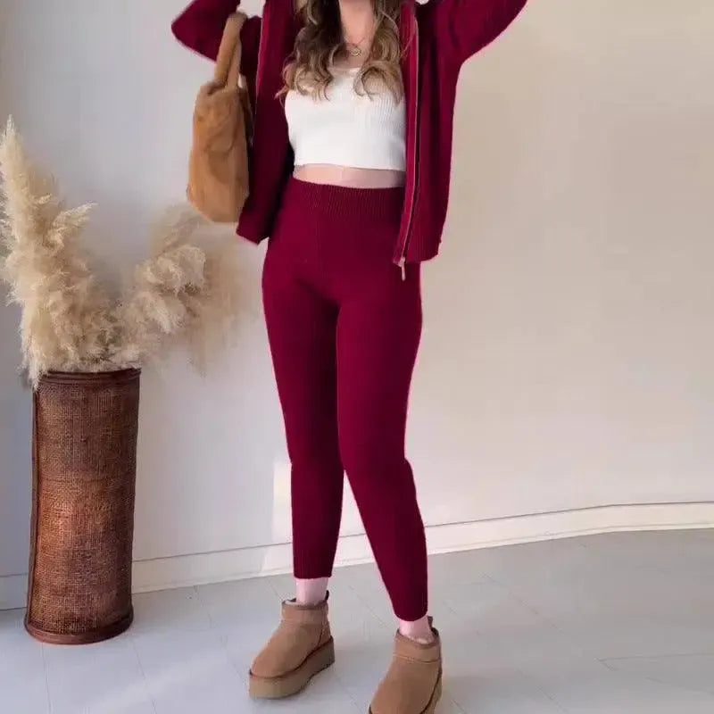 European And American Solid Color Thick Rope Twist Zipper Hooded Casual Sweater Suit-Red-4