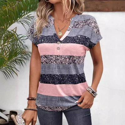 European And American Summer Short Sleeve Striped V-neck 3D-1