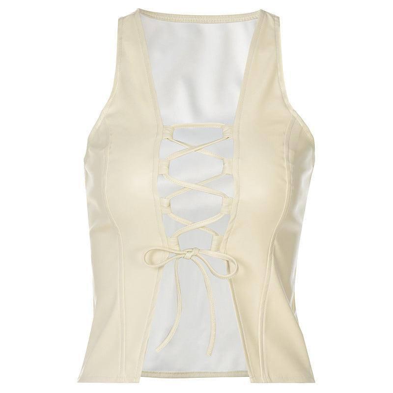 European And American Women's Tie-rope Sleeveless Slim Vest-Beige-3