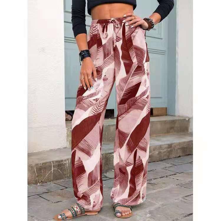 Stylish Leaf Print Beach Pants for Summer-Pink-2