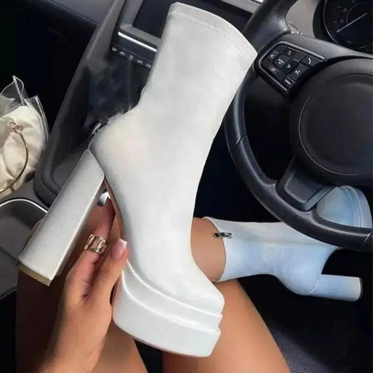 Fashion Heeled Boots With Thick Platform Mid Calf Boots-White-5