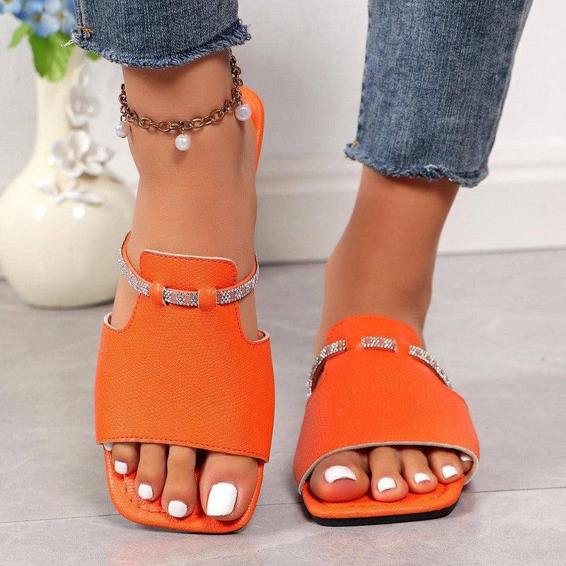 Fashion Rhinestone Strap Design Sandals Summer New Square-Orange-5