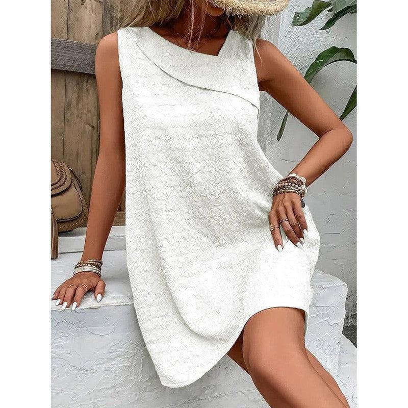 Fashion Solid Color Sleeveless Dress Summer Slim-White-4