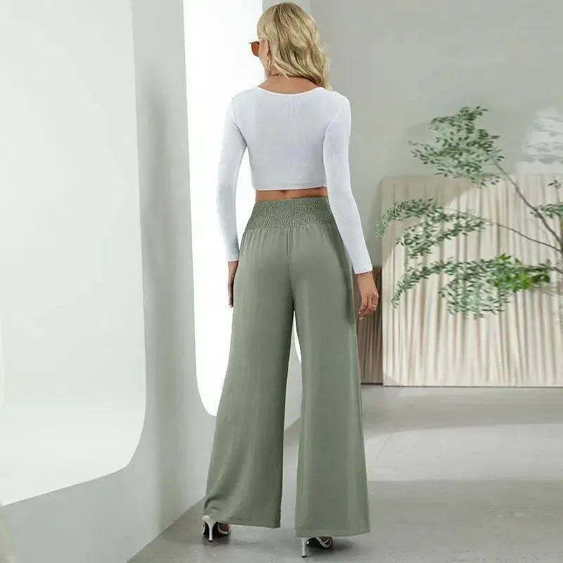 Fashion Straight Wide Leg Pants Elastic High Waist Casual Trousers For Women-3