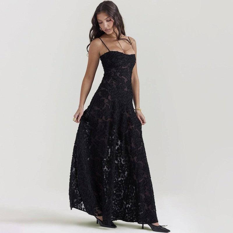 Elegant Black Long Lace Dress for Summer-Black-9