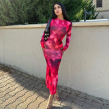 Fashion Tie-dye Long-sleeved Dress Slim Fit Hip-hugging Long Dress Womens Clothing-Pink-4