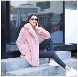 Female Imitation Rabbit Fur Loose Lapel Coat-Pink-1