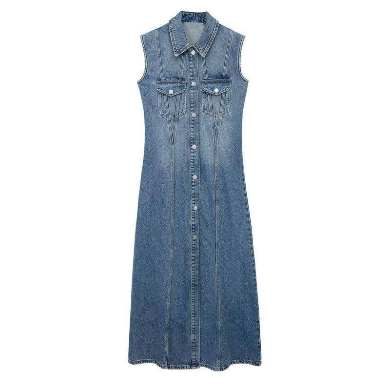 Female Sleeveless Denim Dress-blue-2