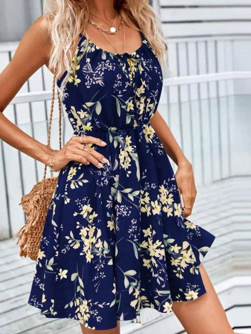 Floral Print Suspender Dress With Elastic Waist Design Fashion Summer Short Dresses Womens Clothing-Navy Blue-4