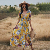 Floral Summer Beach Dress With V Neck Elastic Waist Dresses-Yellow-4