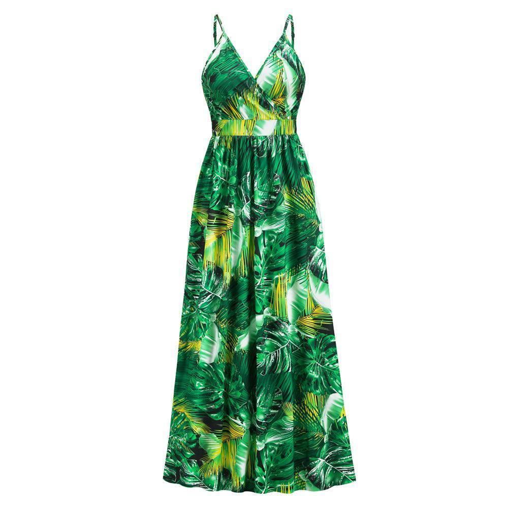 Flowers Long Dress Summer Swing Holiday Beach Dress-Grass green-13