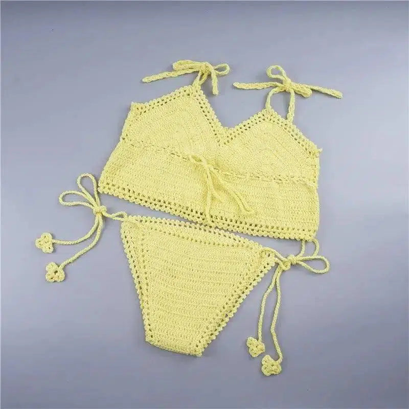 Foreign trade Bikini Bikini Hand Crochet striped swimsuit,-Yellow-2