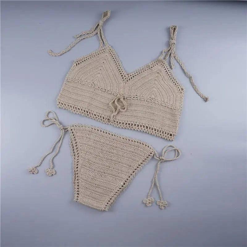 Foreign trade Bikini Bikini Hand Crochet striped swimsuit,-Khaki-3