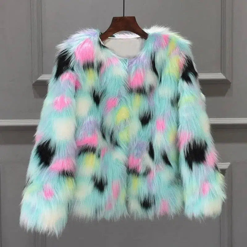 Fox fur round collarless short coat-1