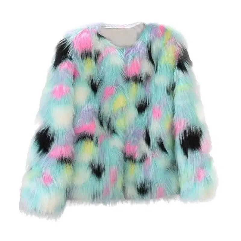 Fox fur round collarless short coat-4