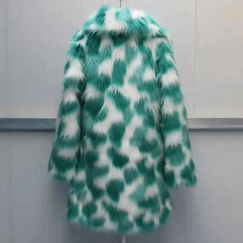 Fox fur round collarless short coat-Green and white-8