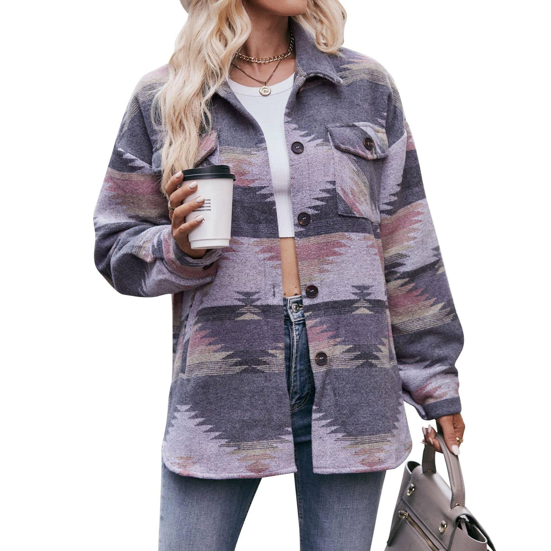 Geometric Print Jacket Shirt Winter Stand Collar Coats With-Pink Grey-7