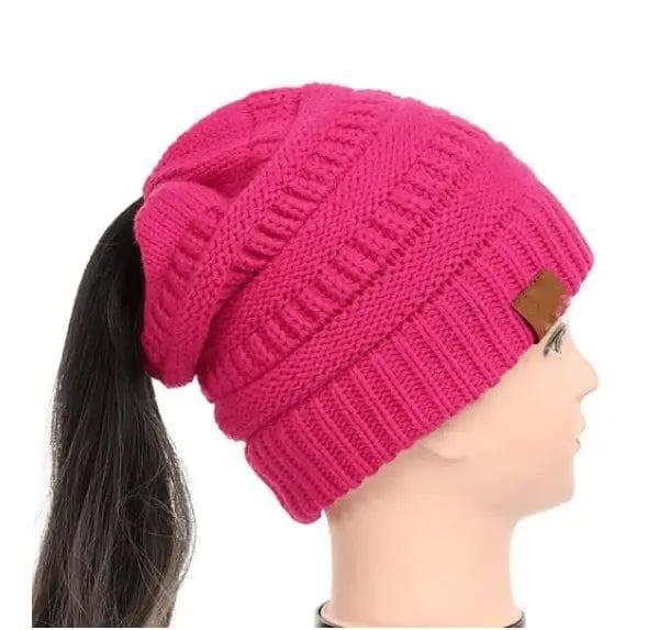 High Bun Ponytail Beanie Hat Chunky Soft Stretch Cable Knit-Rosered-15