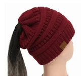 High Bun Ponytail Beanie Hat Chunky Soft Stretch Cable Knit-Winered-19