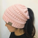 High Bun Ponytail Beanie Hat Chunky Soft Stretch Cable Knit-Pink-32