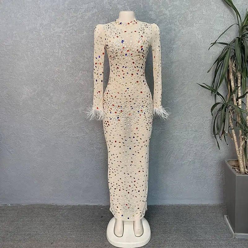 High-end Rhinestone Mesh Stretch European And American Slim-Apricot-8