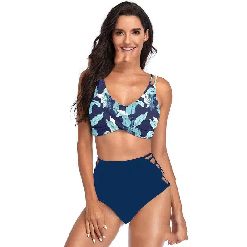 High-Waist Hollow Swimsuit Gathered Bikini European-NavyBlue-3