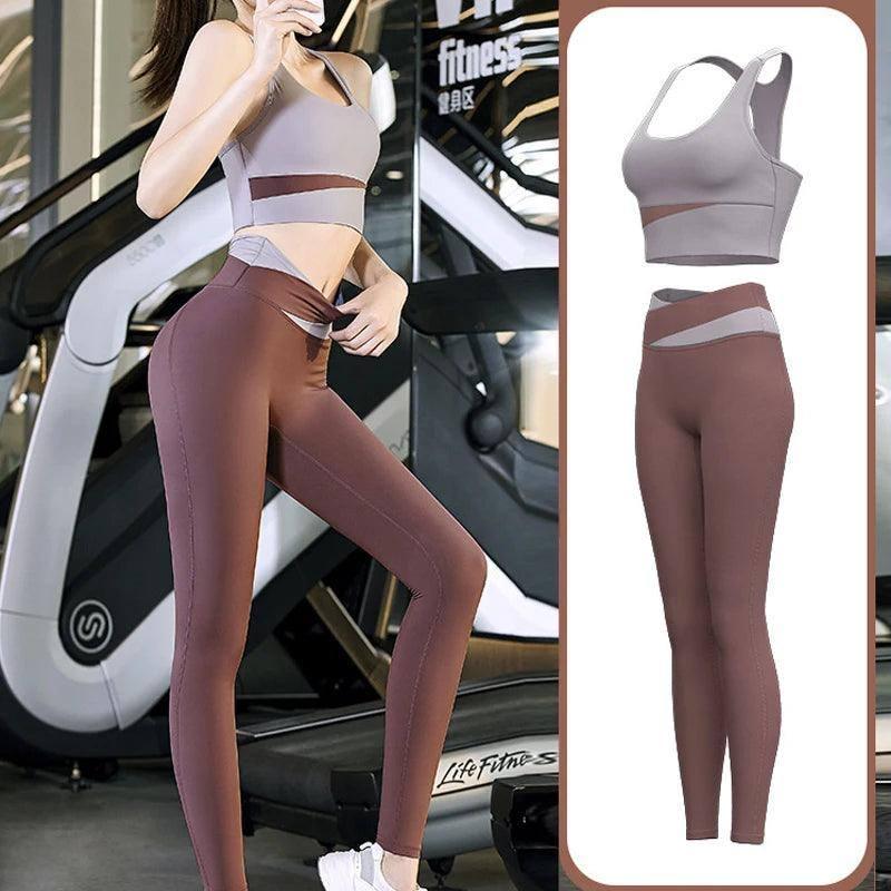 High Waist Yoga Set Lady Gym Suit Sport Set Shockproof Sport-brown-2