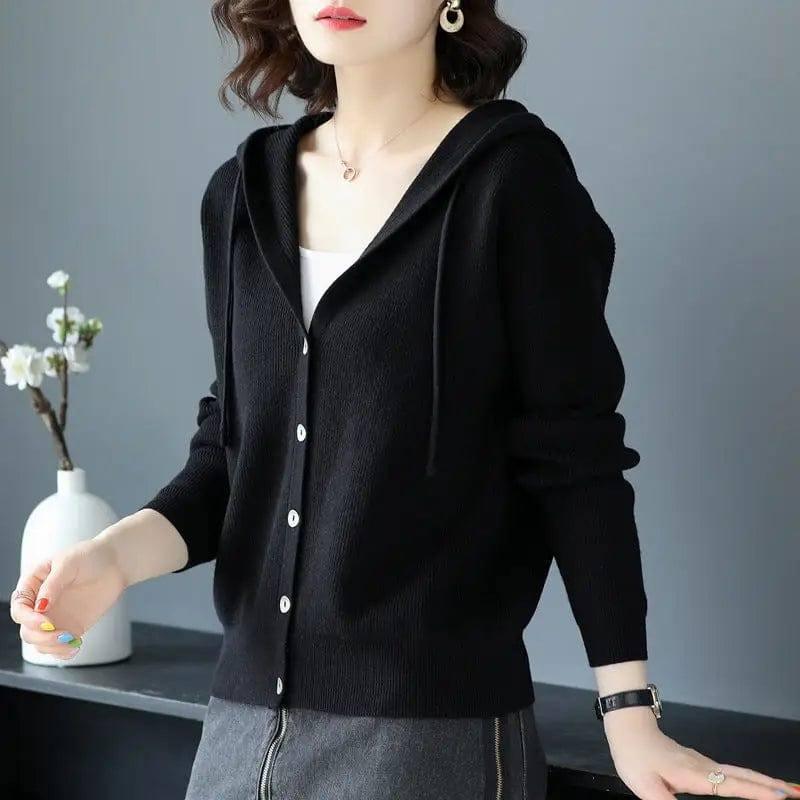 Hooded Sweater Coat Women Long Sleeve Single-breasted-Black-3