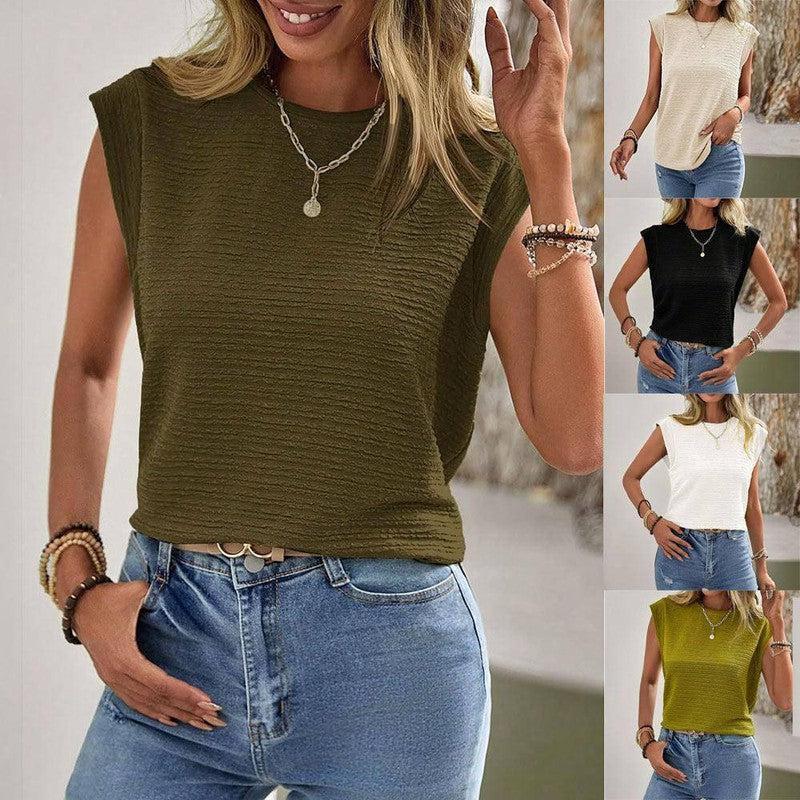 Ins Pleated Round Neck Sleeveless Vest Top For Women Summer Fashion New Casual Solid Color T-shirt For Womens Clothing-1