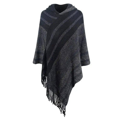 Knitted Tassel Shawl Cape Women-Black-5