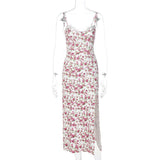 Lace Flowers Print Long Dress Sexy Fashion Slit Suspender-Red-5