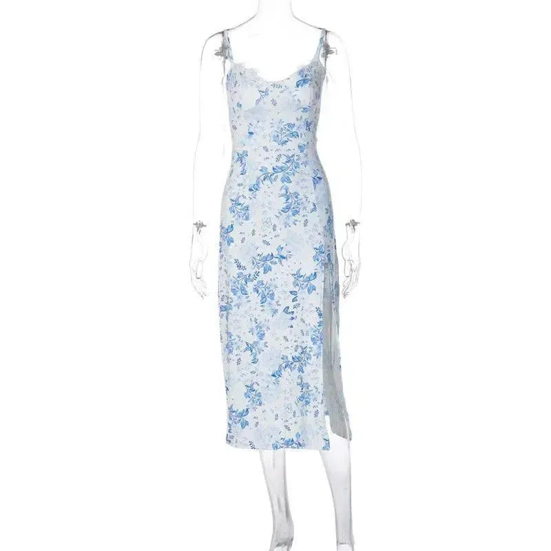 Lace Flowers Print Long Dress Fashion Slit Suspender Dress Summer Womens Clothing-Blue-7