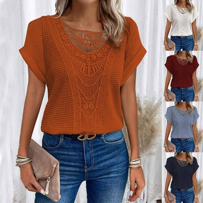 Lace Patchwork Short-sleeved T-shirt Women's Clothing-1