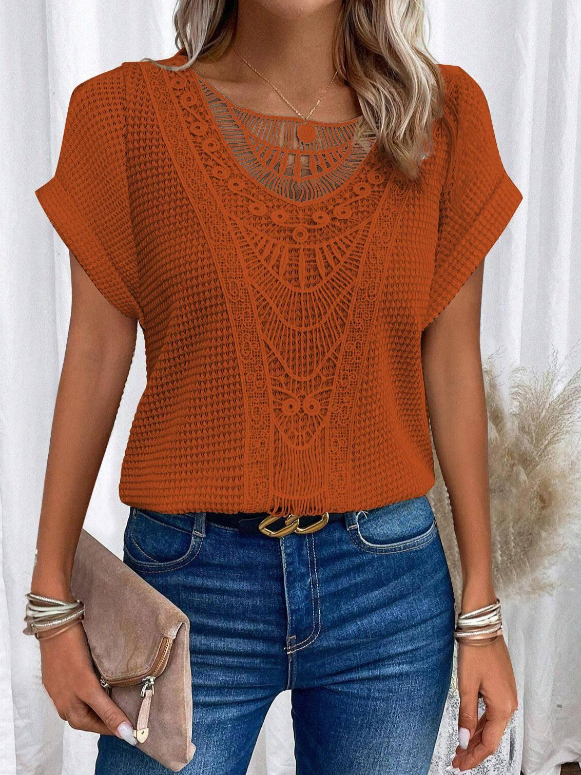 Lace Patchwork Short-sleeved T-shirt Women's Clothing-Orange Red-7