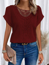 Lace Patchwork Short-sleeved T-shirt Women's Clothing-Wine Red-9