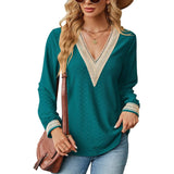 Lace Stitching V-neck T-shirt Loose Long-sleeved Solid Color-Blue-7