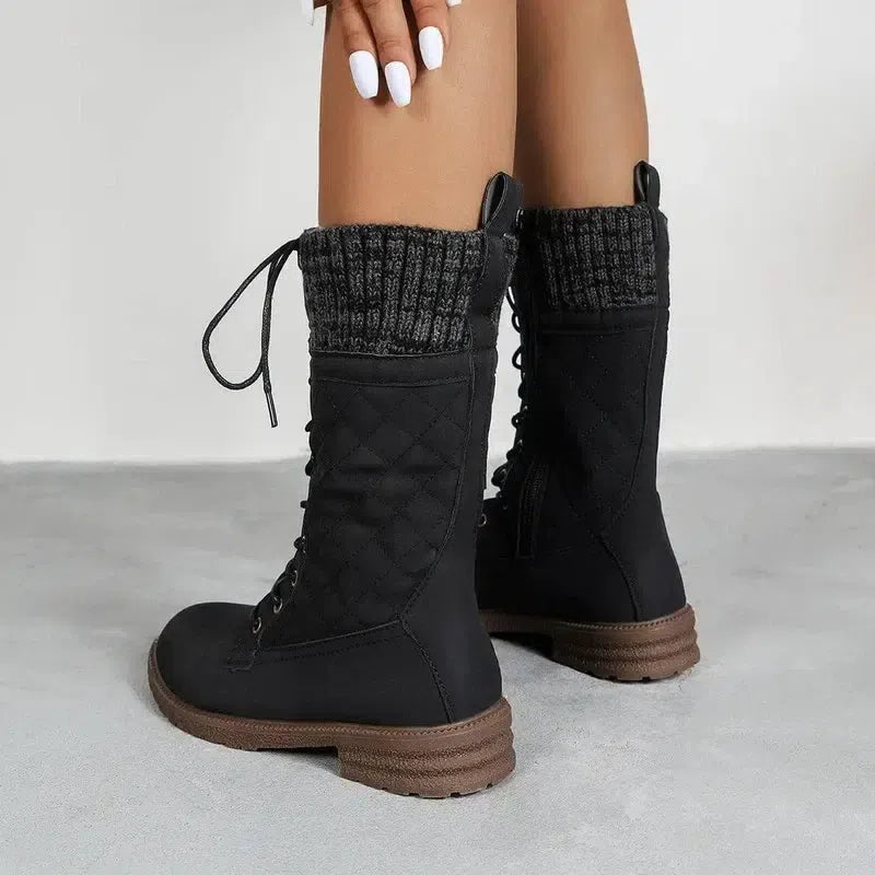 Lace Up Boots Winter Cowboy Boots Women Block Heel Round Toe-3