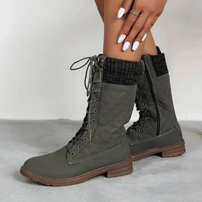 Lace Up Boots Winter Cowboy Boots Women Block Heel Round Toe-5