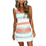 Ladies Color Striped Pocket V-neck Waist Halter Dress-10