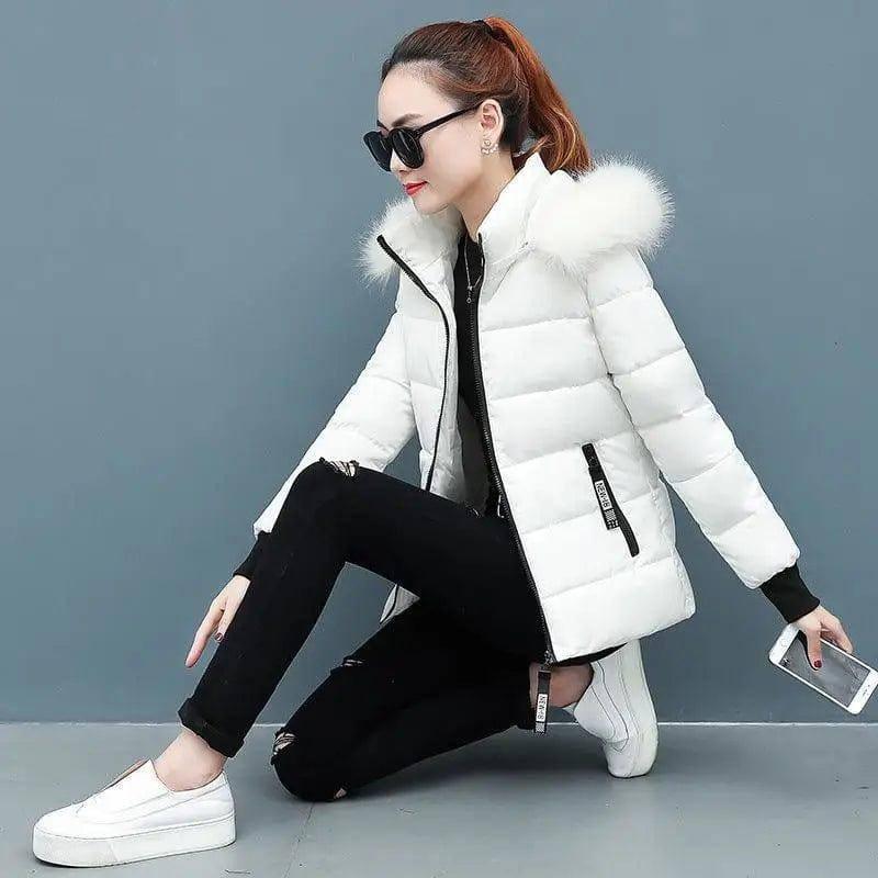 Ladies large fur collar padded down jacket-White-6