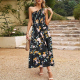 Lady Temperament Elegant Slant-shoulder Printed Maxi Dress-1