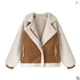 Lovemi - Stylish Lamb Wool Splicing Coat for Women-Khaki-3