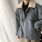 Lamb fur collar padded short woolen coat-Light Blue-3