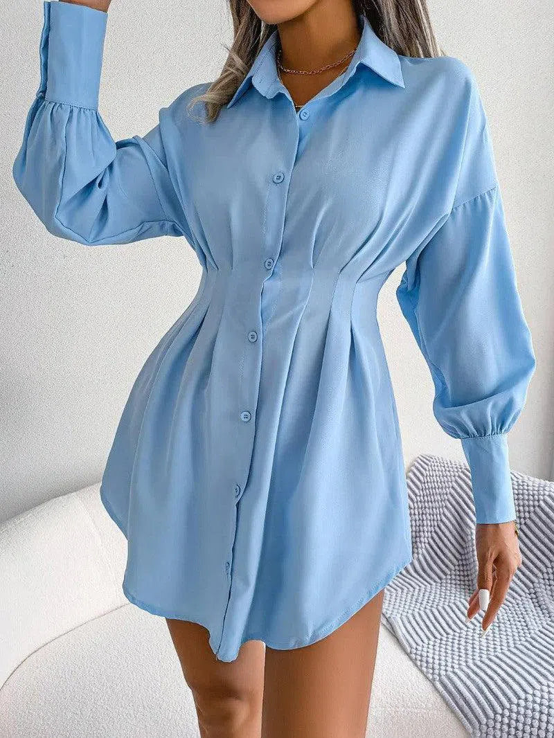 Lantern Sleeves Waist Asymmetric Dress-Blue-3