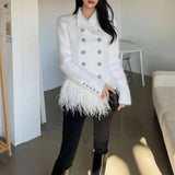 Lapel Long Sleeve Slim Double Breasted Tassel Coat Women-2